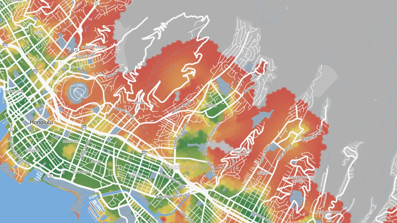 Walk Grade map of Manoa, Honolulu, HI, walkable areas in green and car-dependent areas in red