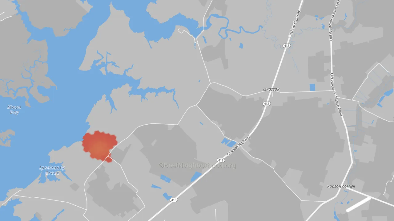 Walk Grade map of Manokin, MD, walkable areas in green and car-dependent areas in red