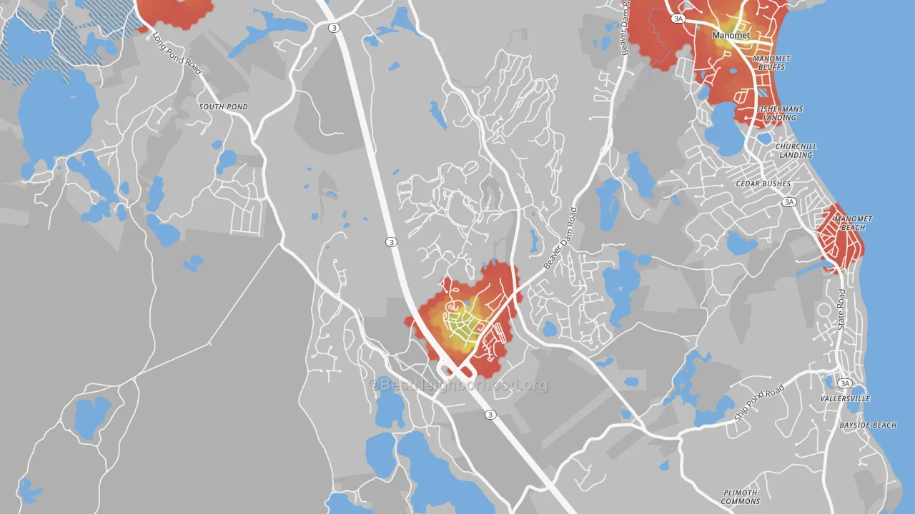 Walk Grade map of Manomet, MA, walkable areas in green and car-dependent areas in red
