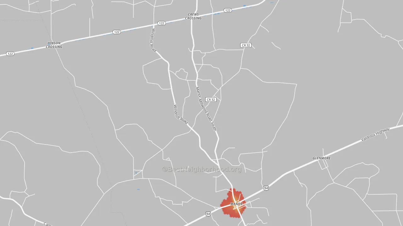 Walk Grade map of Manor, GA, walkable areas in green and car-dependent areas in red