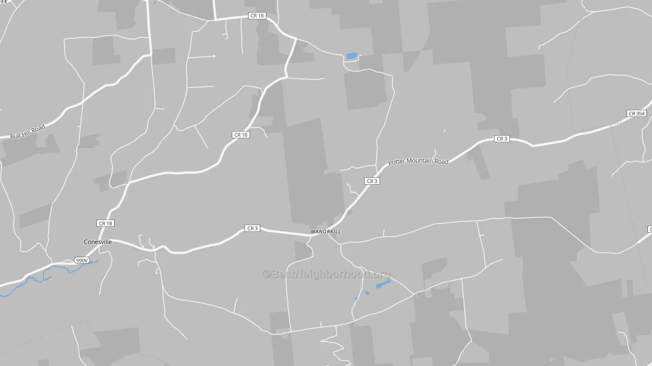 Walk Grade map of Manor Kill, NY, walkable areas in green and car-dependent areas in red