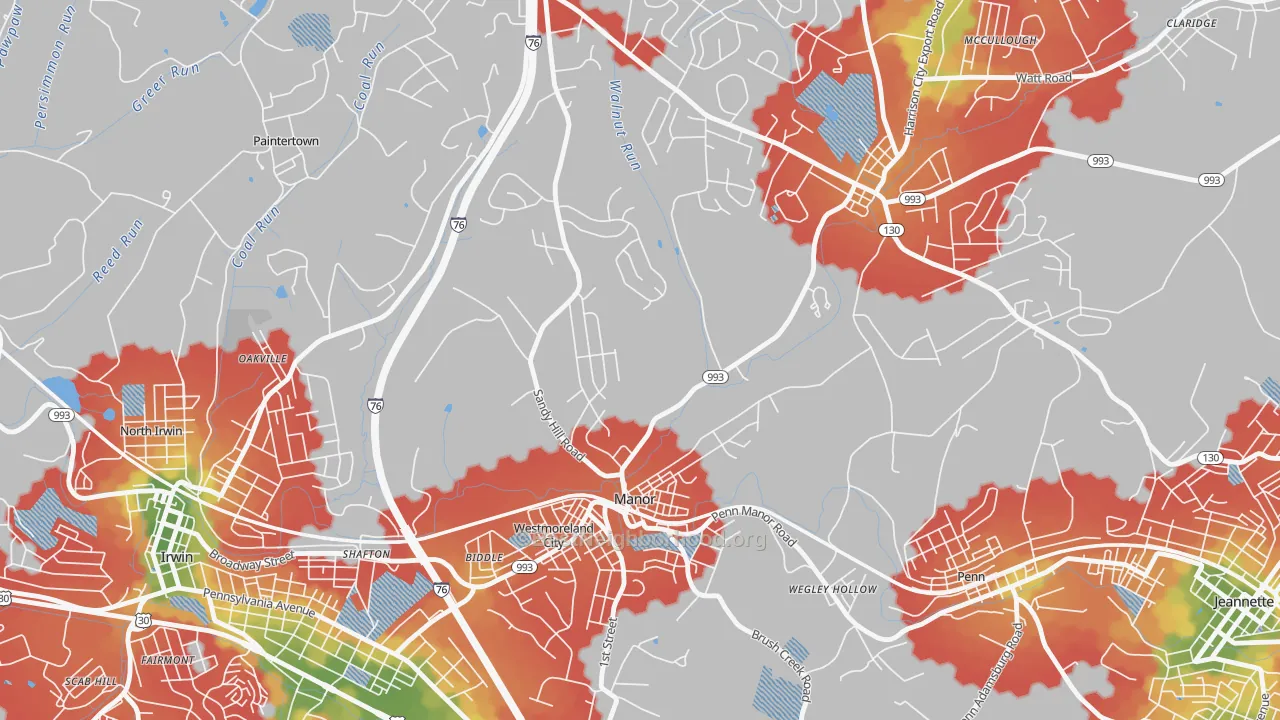 Walk Grade map of Manor, PA, walkable areas in green and car-dependent areas in red