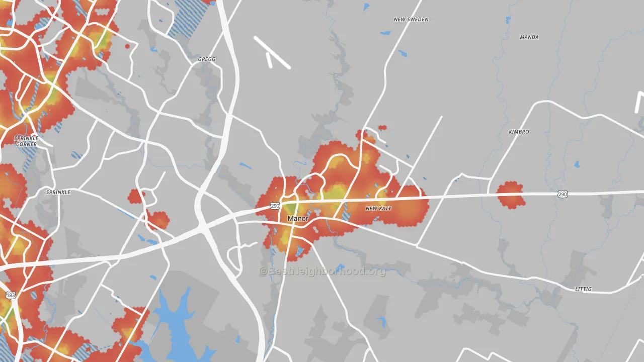 Walk Grade map of Manor, TX, walkable areas in green and car-dependent areas in red