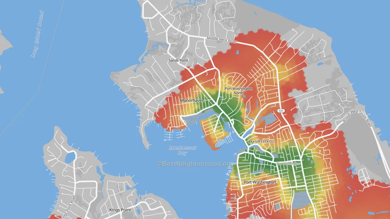 Walk Grade map of Manorhaven, NY, walkable areas in green and car-dependent areas in red