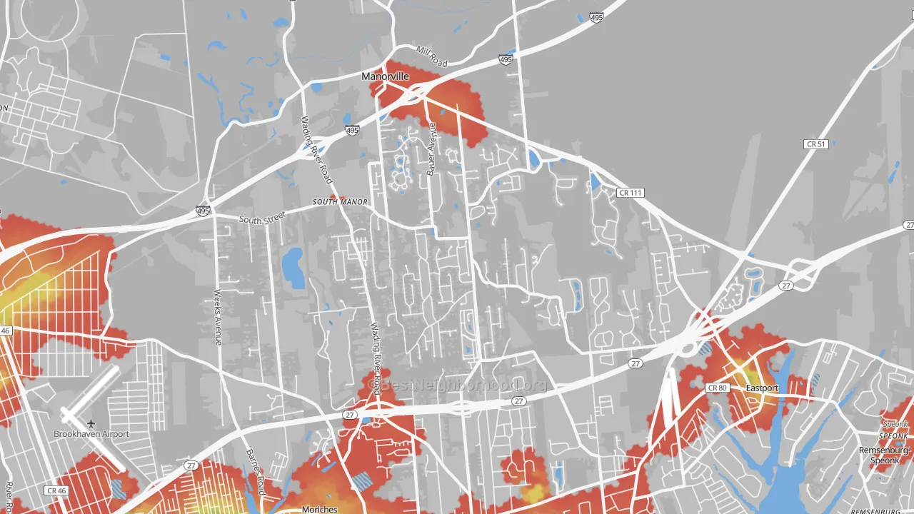 Walk Grade map of Manorville, NY, walkable areas in green and car-dependent areas in red