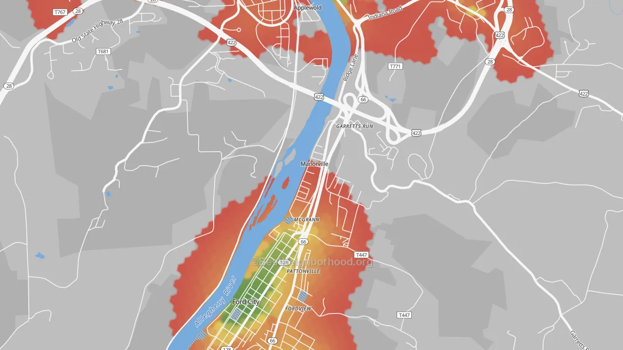 Walk Grade map of Manorville, PA, walkable areas in green and car-dependent areas in red