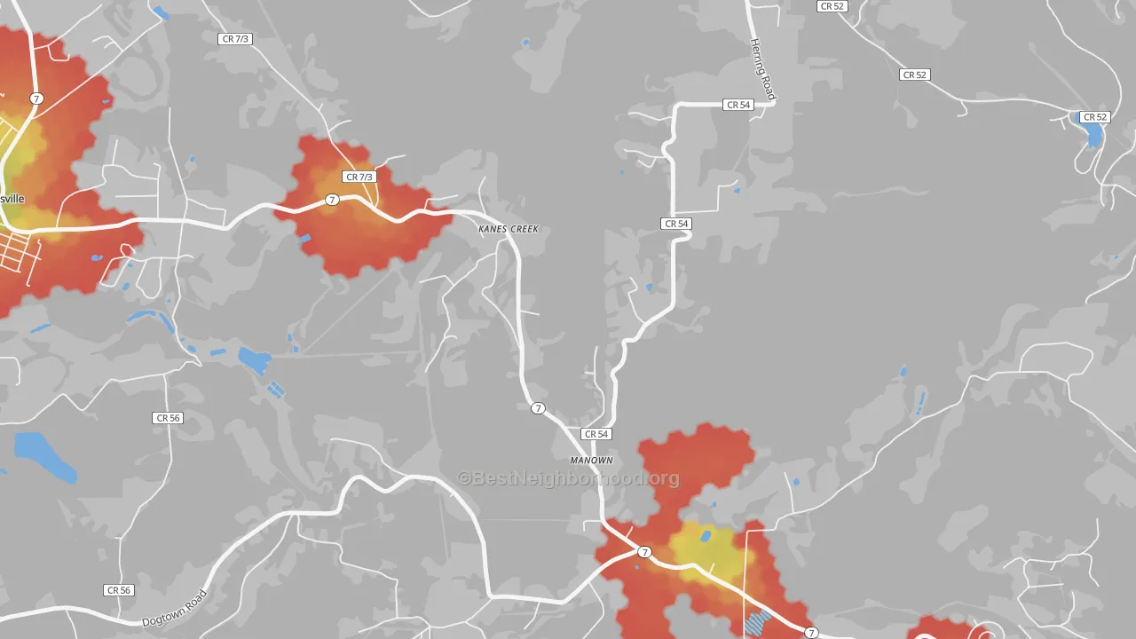Walk Grade map of Manown, WV, walkable areas in green and car-dependent areas in red