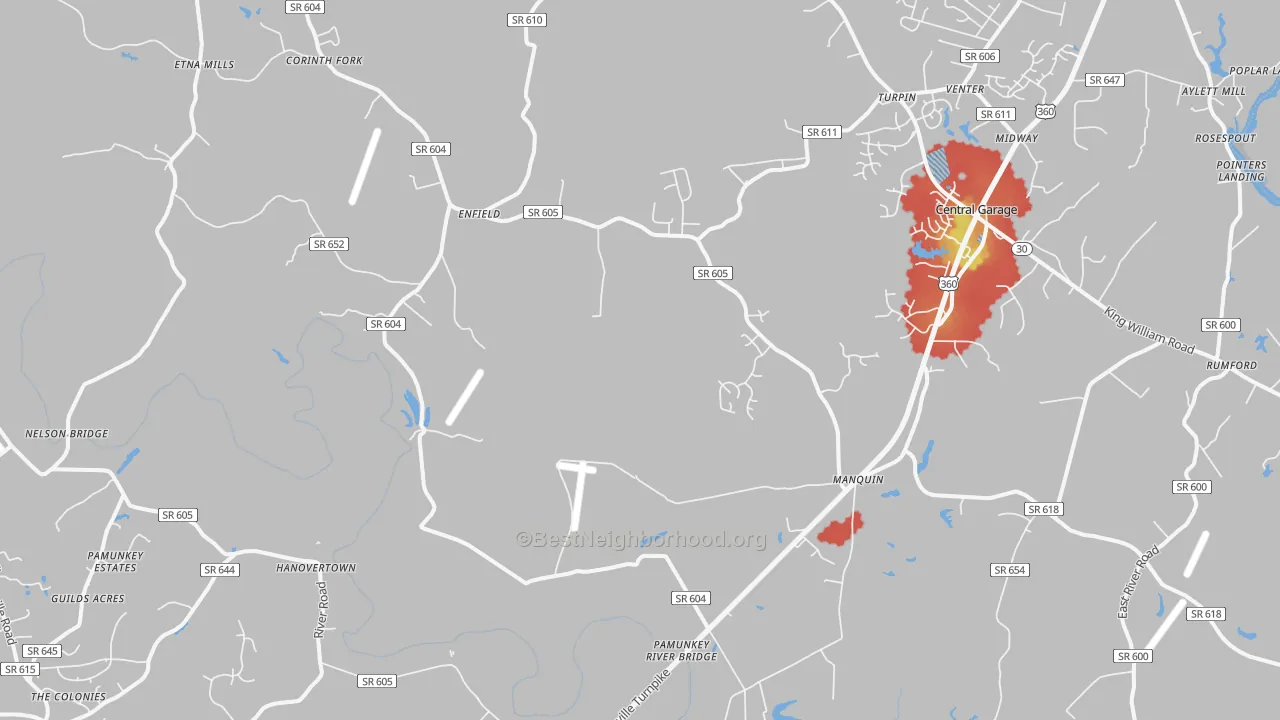 Walk Grade map of Manquin, VA, walkable areas in green and car-dependent areas in red