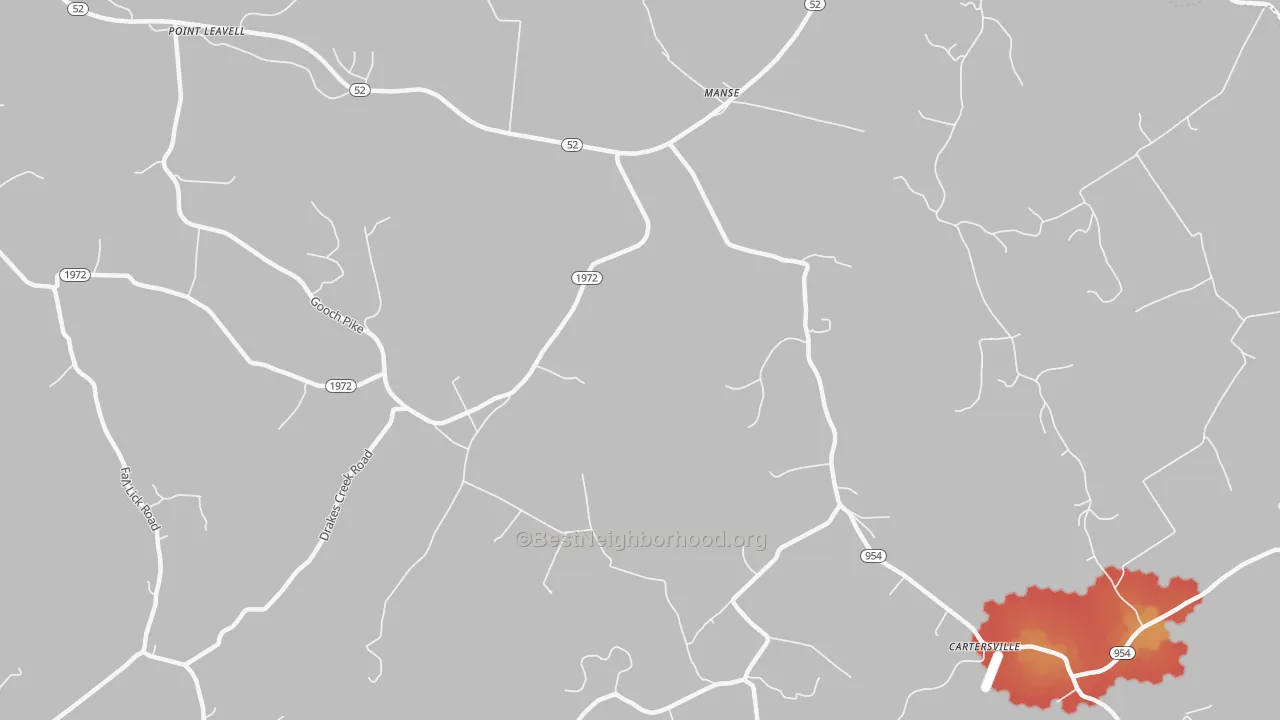 Walk Grade map of Manse, KY, walkable areas in green and car-dependent areas in red