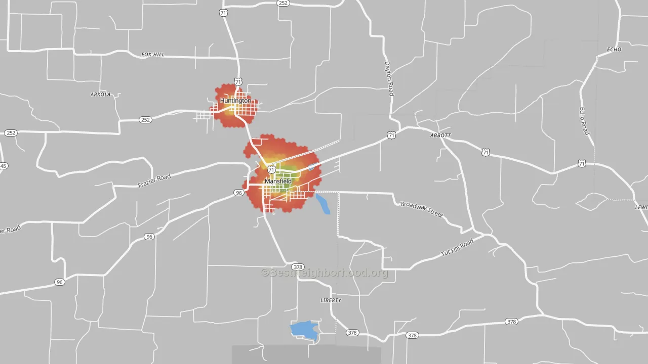 Walk Grade map of Mansfield, AR, walkable areas in green and car-dependent areas in red