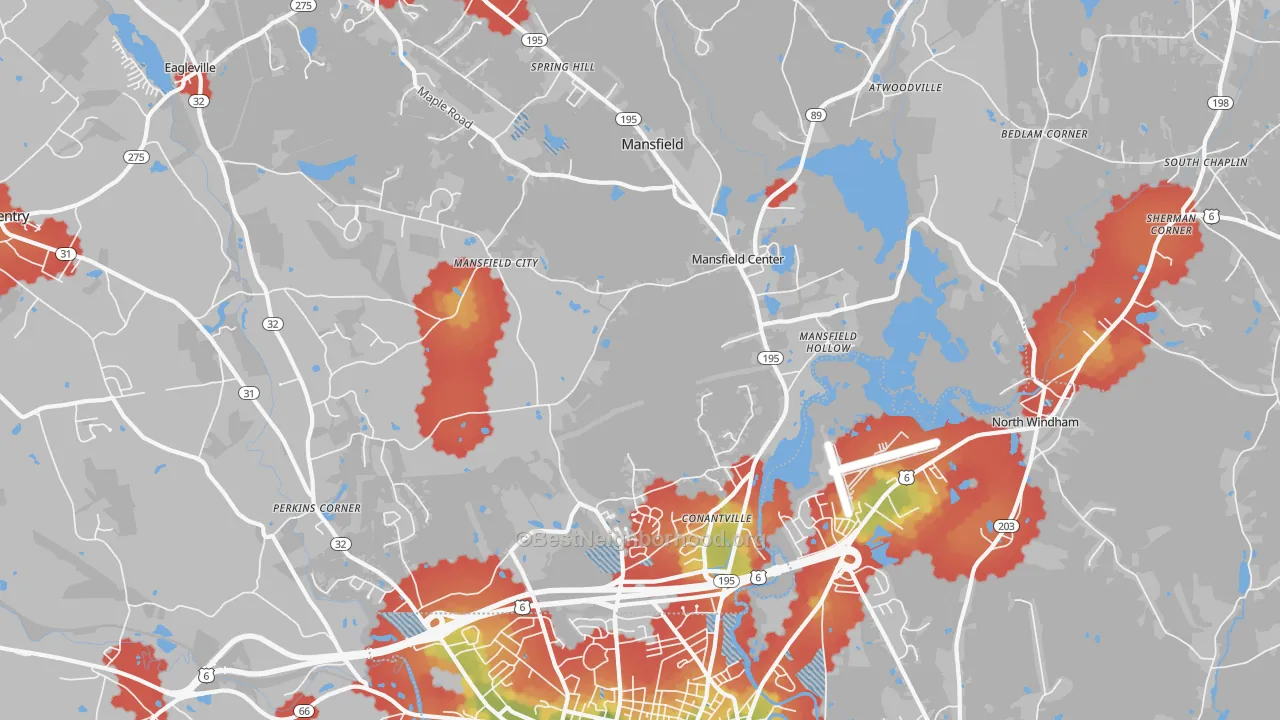Walk Grade map of Mansfield Center, CT, walkable areas in green and car-dependent areas in red