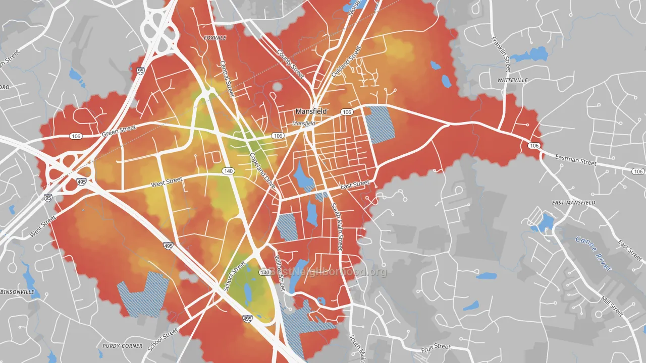 Walk Grade map of Mansfield Center, MA, walkable areas in green and car-dependent areas in red
