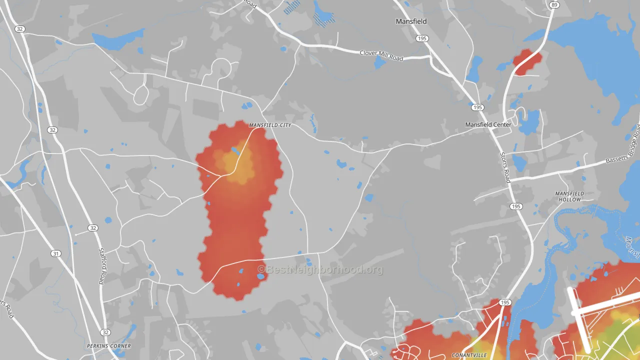 Walk Grade map of Mansfield City, CT, walkable areas in green and car-dependent areas in red
