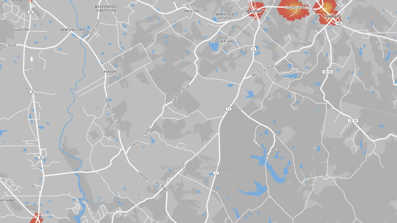Walk Grade map of Mansfield, GA, walkable areas in green and car-dependent areas in red