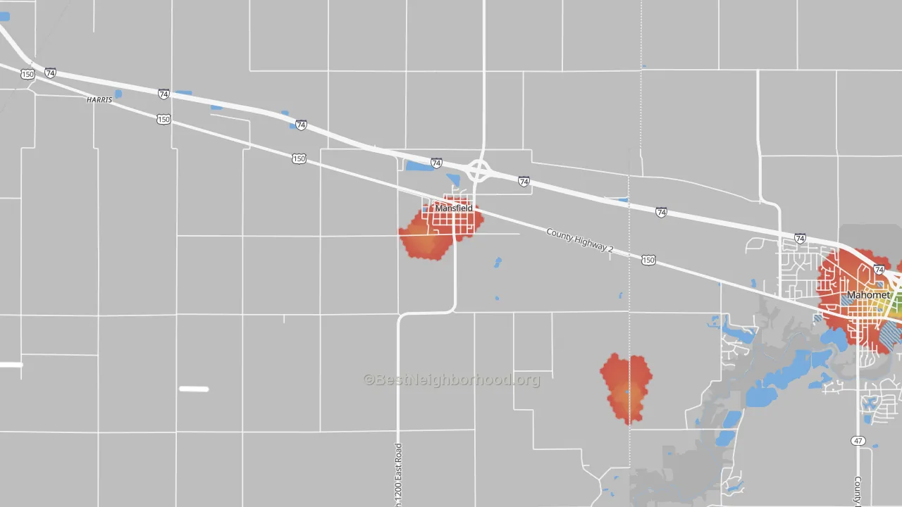 Walk Grade map of Mansfield, IL, walkable areas in green and car-dependent areas in red