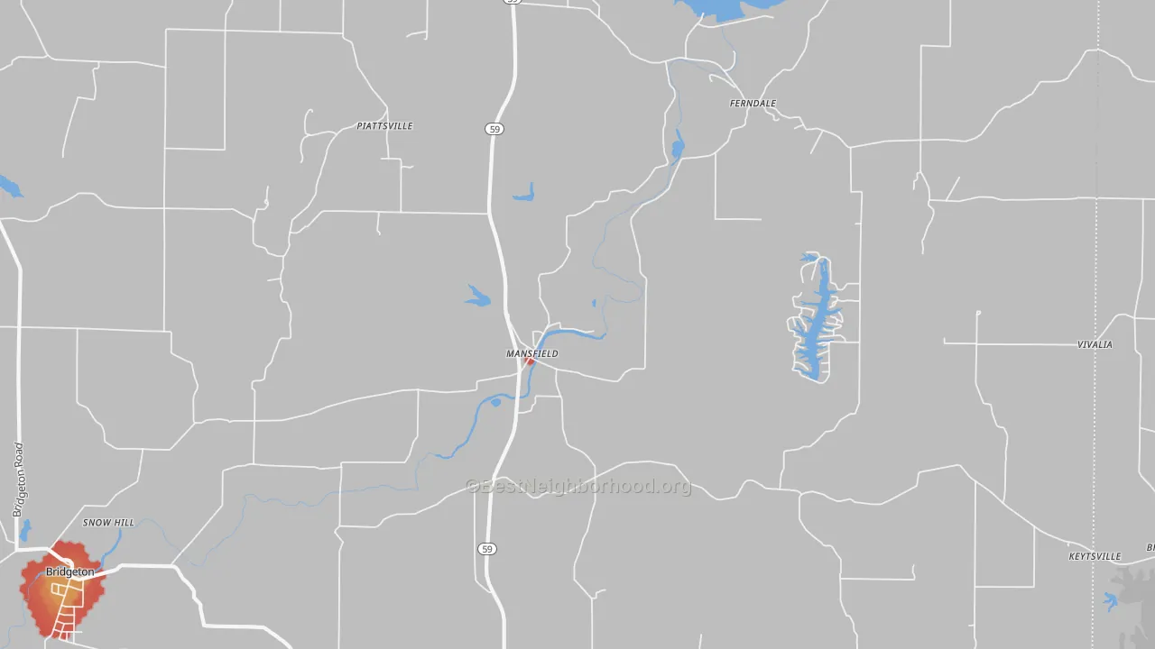 Walk Grade map of Mansfield, IN, walkable areas in green and car-dependent areas in red
