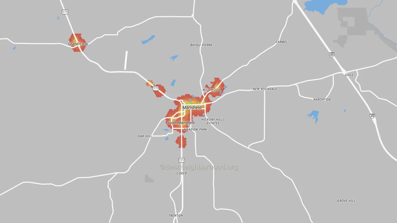 Walk Grade map of Mansfield, LA, walkable areas in green and car-dependent areas in red