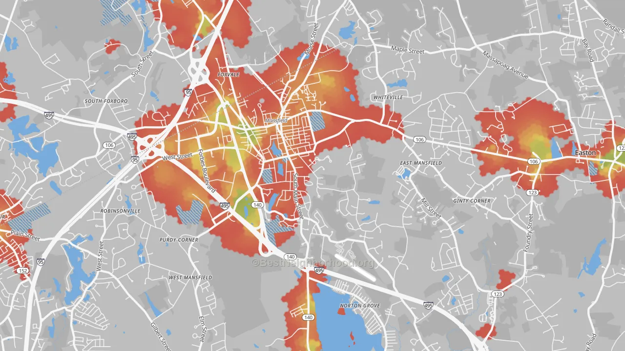 Walk Grade map of Mansfield, MA, walkable areas in green and car-dependent areas in red
