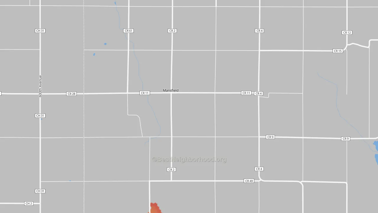 Walk Grade map of Mansfield, MN, walkable areas in green and car-dependent areas in red