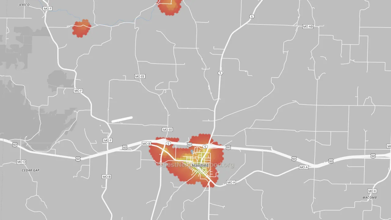 Walk Grade map of Mansfield, MO, walkable areas in green and car-dependent areas in red