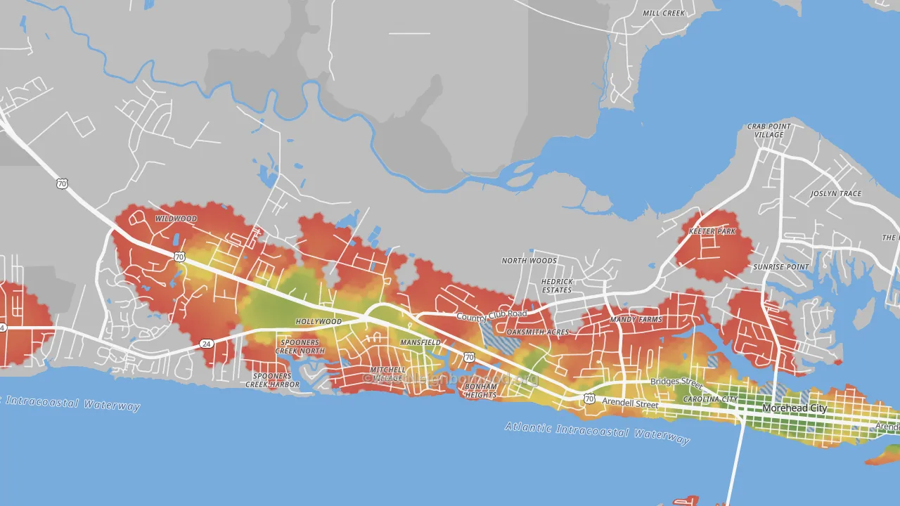 Walk Grade map of Mansfield, NC, walkable areas in green and car-dependent areas in red