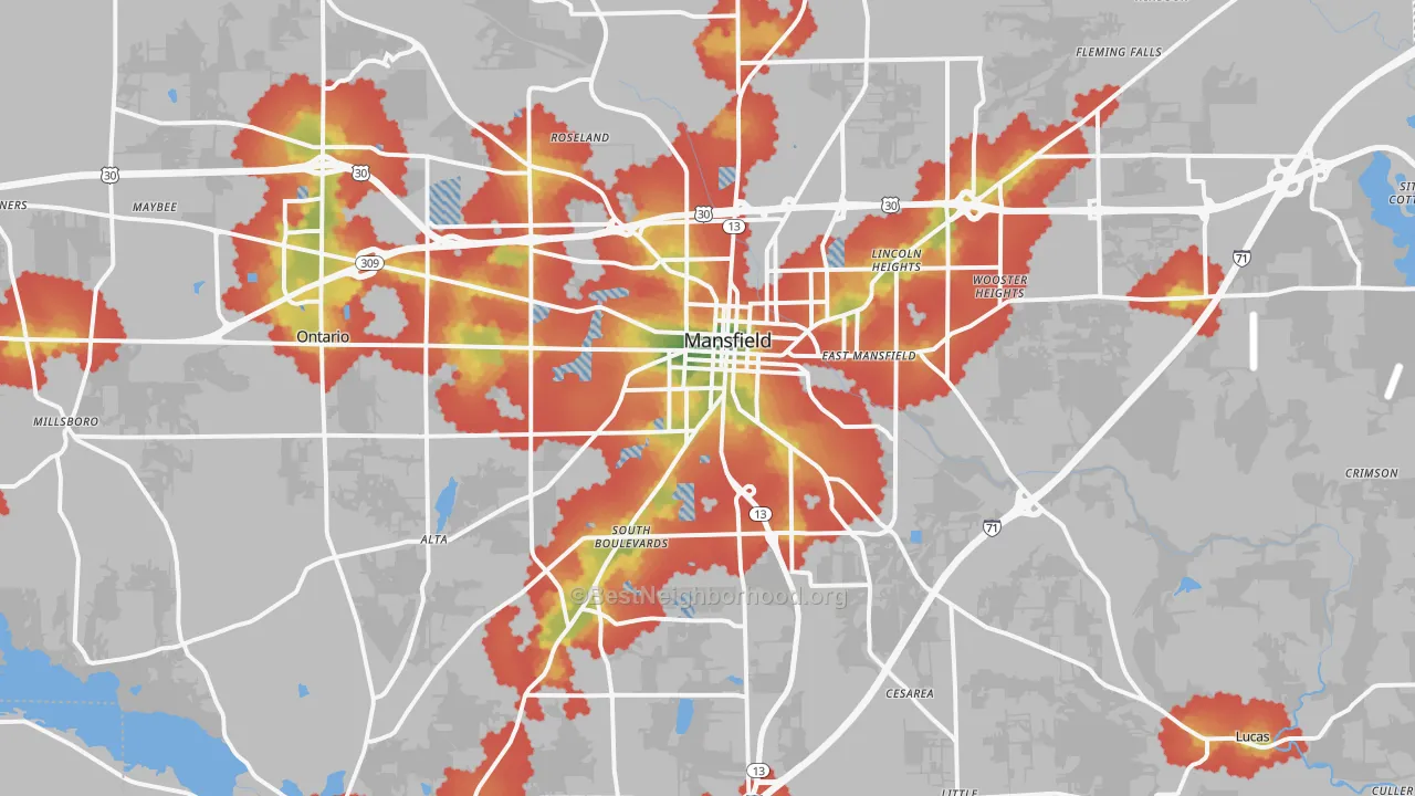 Walk Grade map of Mansfield, OH, walkable areas in green and car-dependent areas in red