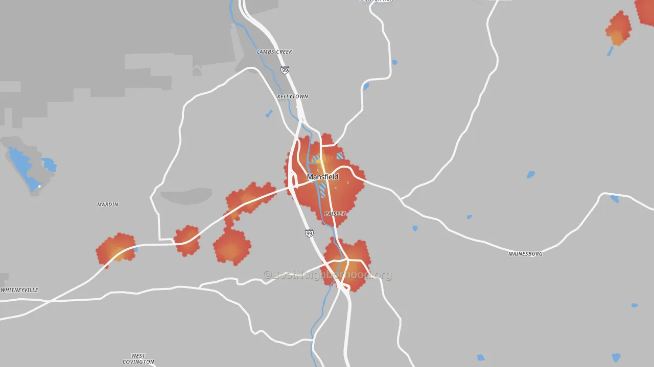 Walk Grade map of Mansfield, PA, walkable areas in green and car-dependent areas in red