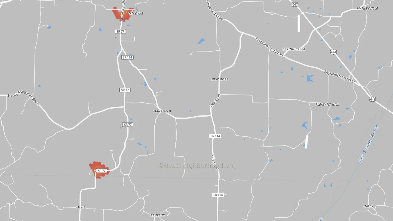 Walk Grade map of Mansfield, TN, walkable areas in green and car-dependent areas in red