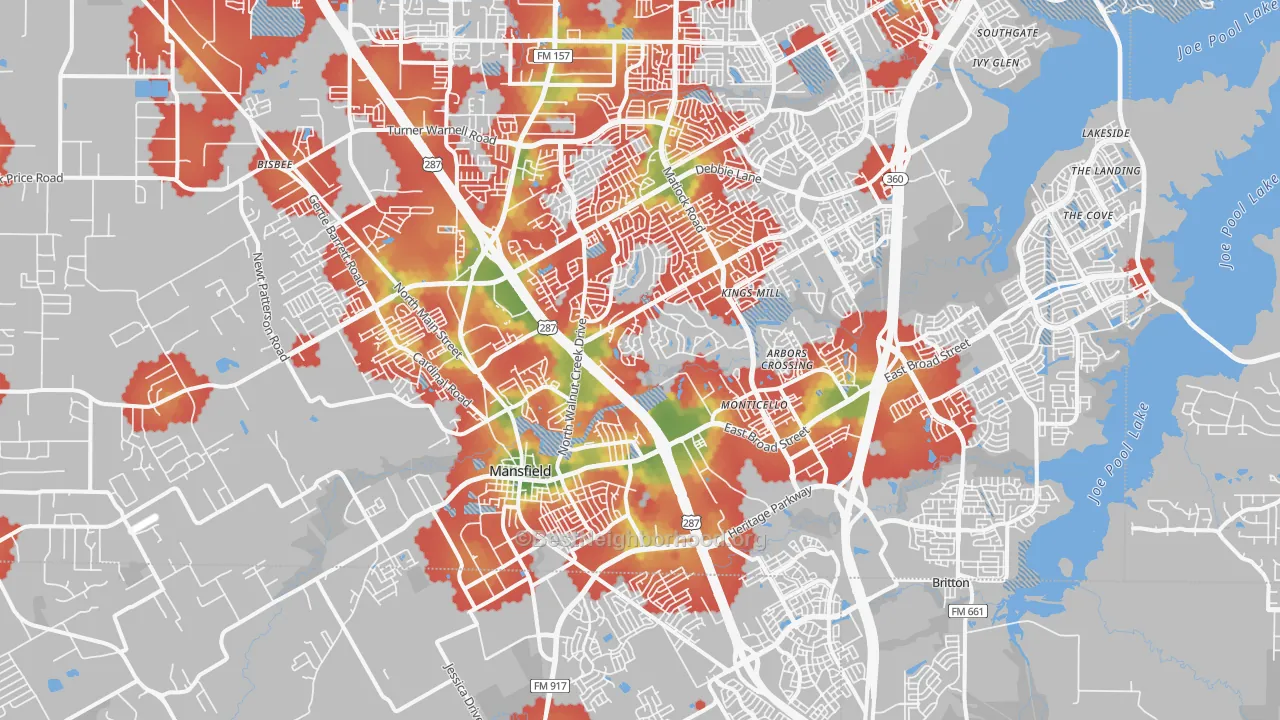 Walk Grade map of Mansfield, TX, walkable areas in green and car-dependent areas in red