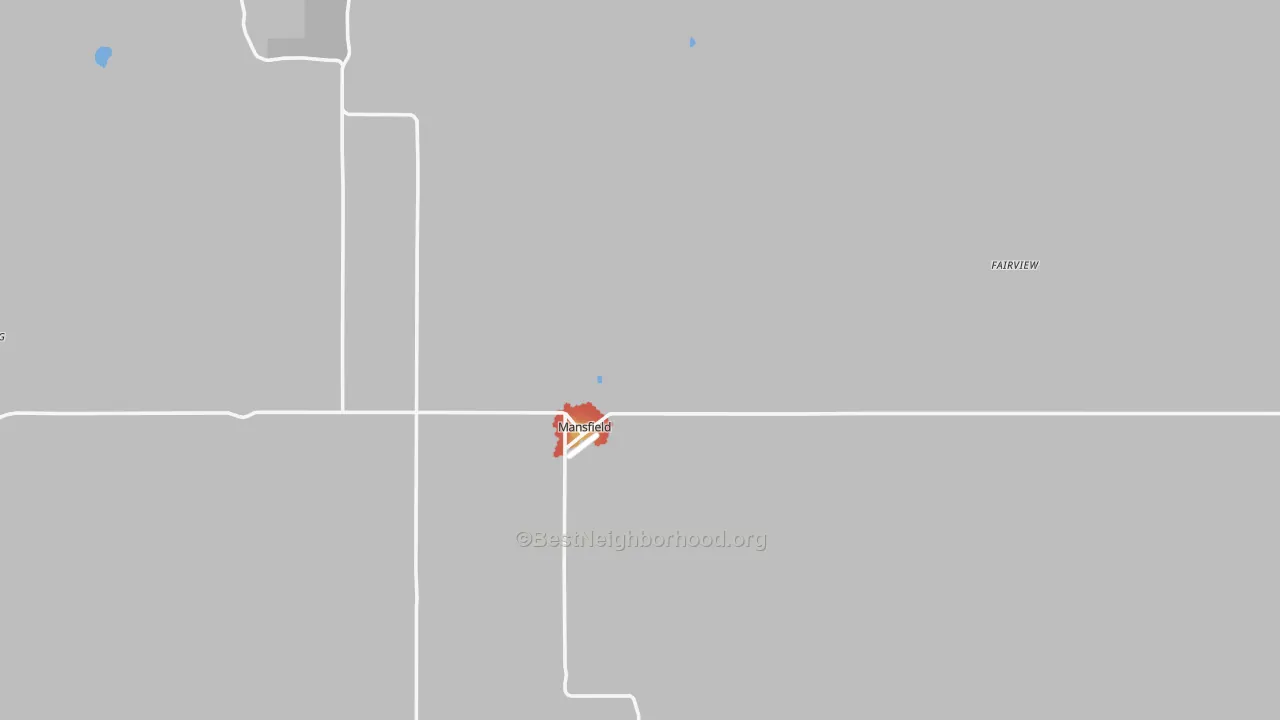 Walk Grade map of Mansfield, WA, walkable areas in green and car-dependent areas in red