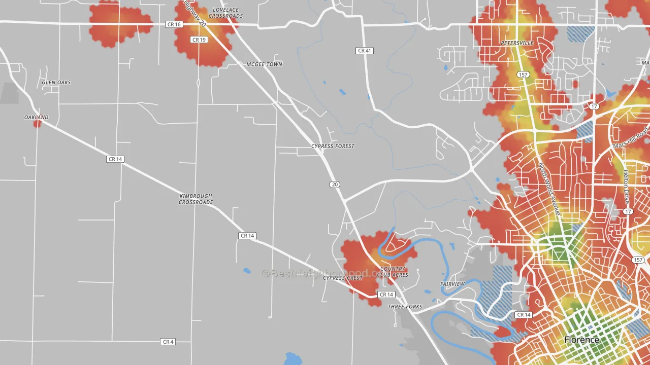 Walk Grade map of Mansion View, AL, walkable areas in green and car-dependent areas in red