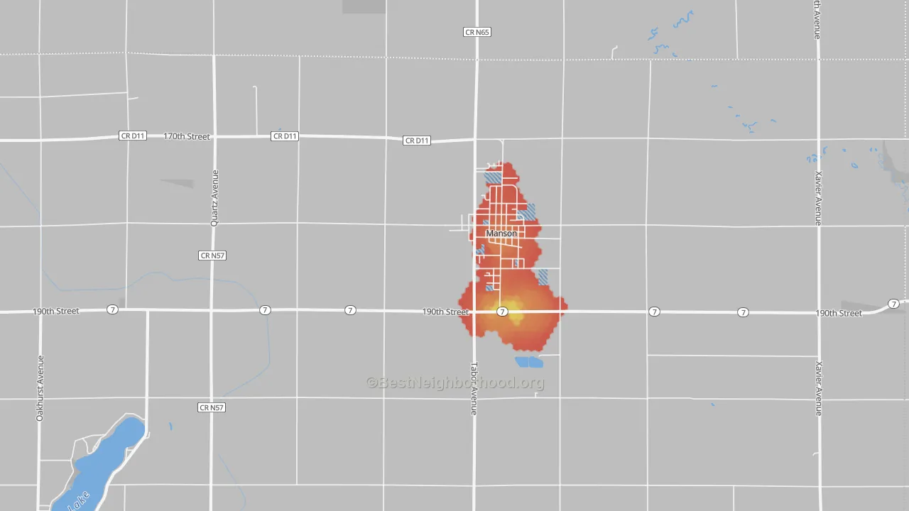 Walk Grade map of Manson, IA, walkable areas in green and car-dependent areas in red