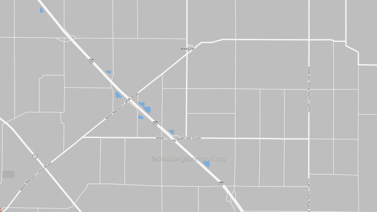 Walk Grade map of Manson, IN, walkable areas in green and car-dependent areas in red