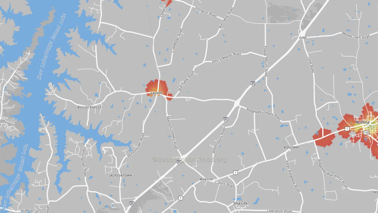 Walk Grade map of Manson, NC, walkable areas in green and car-dependent areas in red