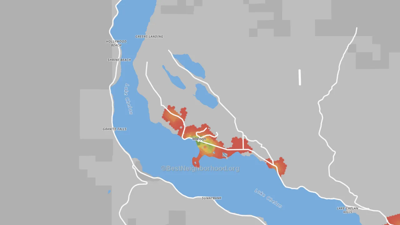 Walk Grade map of Manson, WA, walkable areas in green and car-dependent areas in red