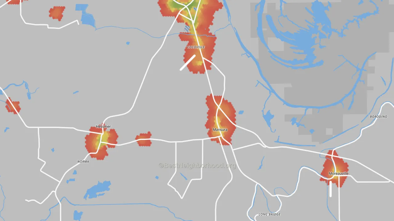 Walk Grade map of Mansura, LA, walkable areas in green and car-dependent areas in red