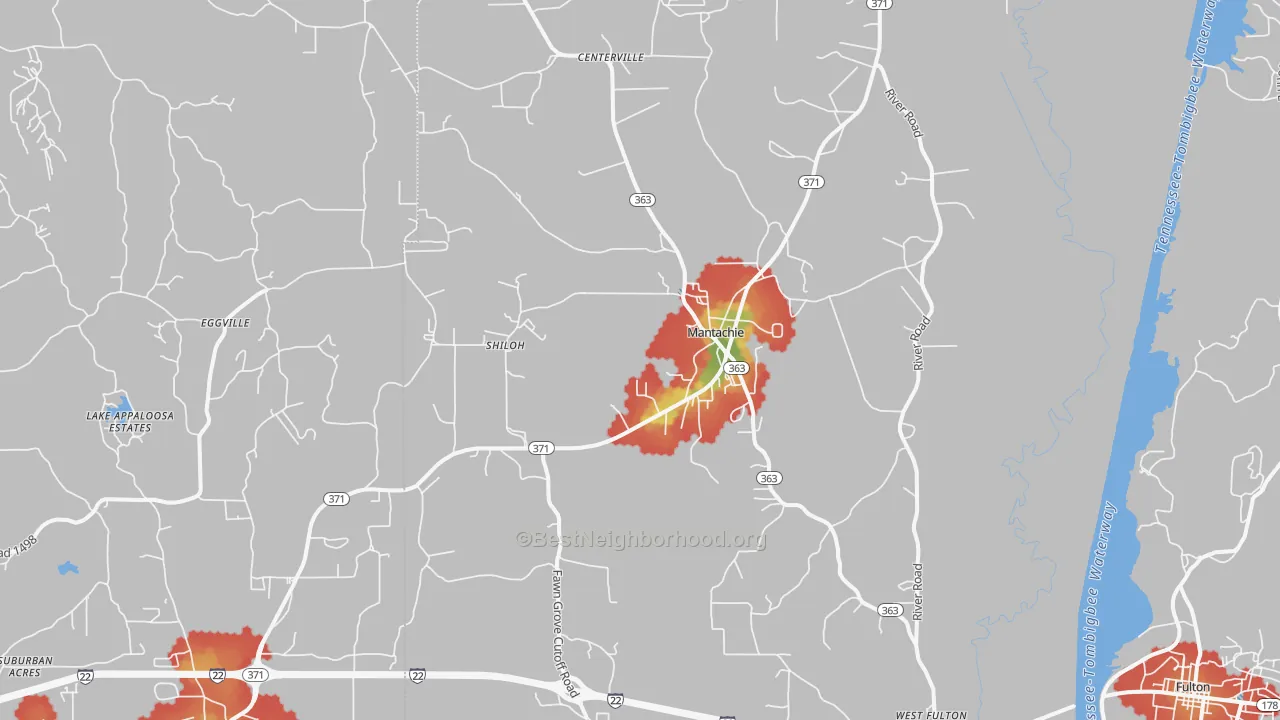 Walk Grade map of Mantachie, MS, walkable areas in green and car-dependent areas in red
