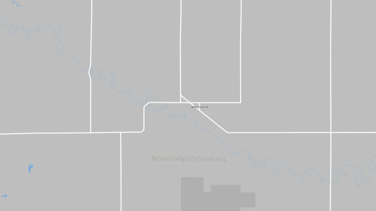 Walk Grade map of Mantador, ND, walkable areas in green and car-dependent areas in red