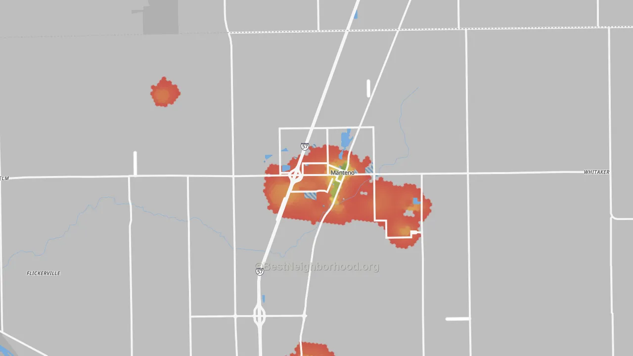 Walk Grade map of Manteno, IL, walkable areas in green and car-dependent areas in red