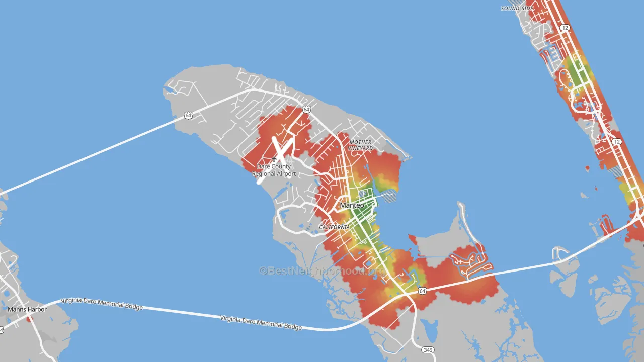 Walk Grade map of Manteo, NC, walkable areas in green and car-dependent areas in red