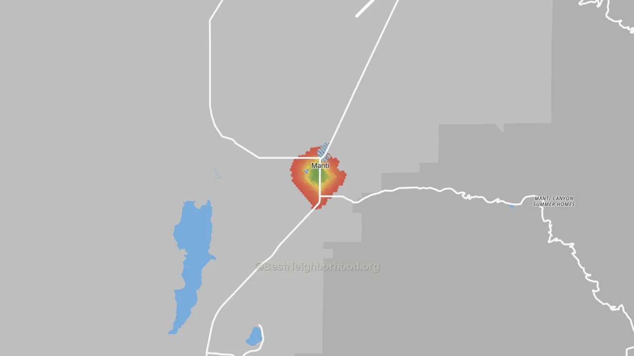 Walk Grade map of Manti, UT, walkable areas in green and car-dependent areas in red