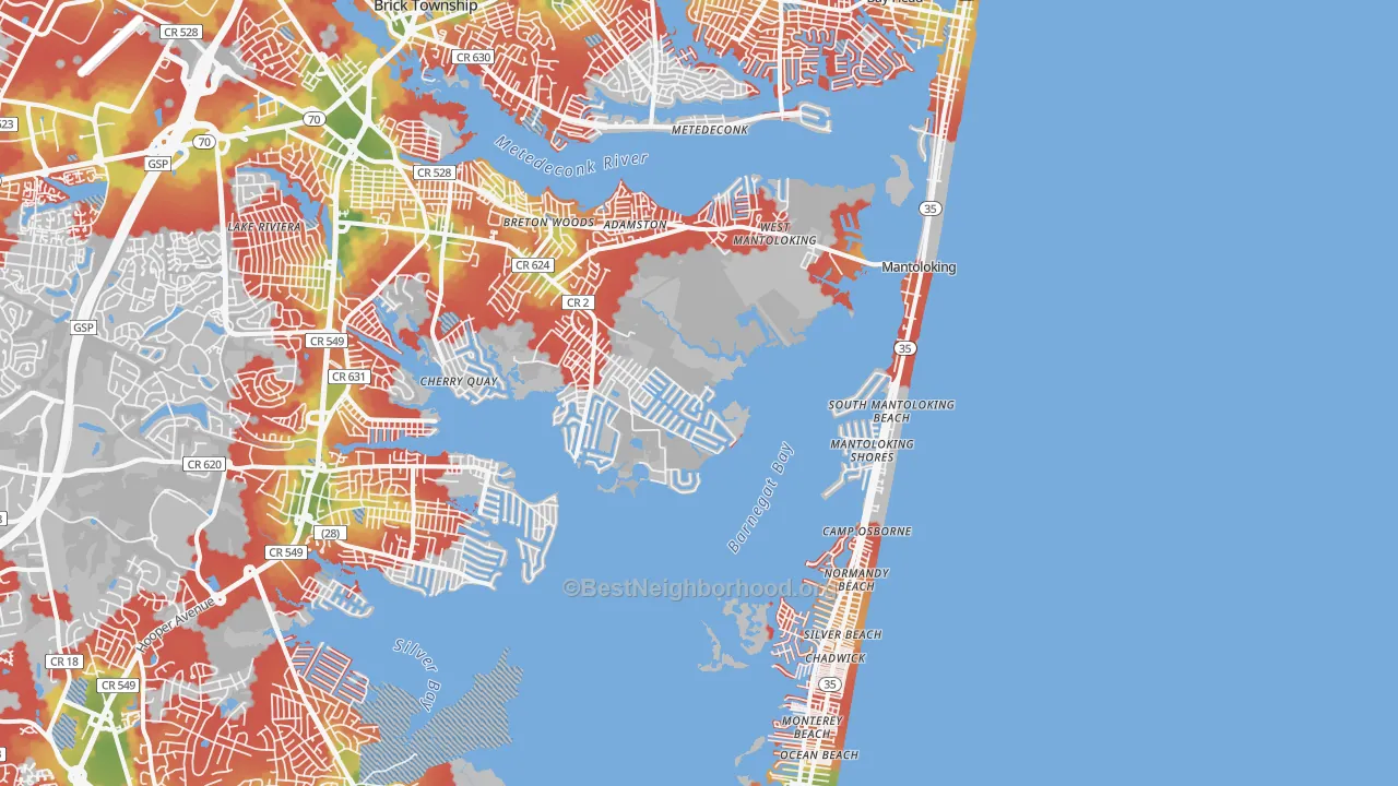 Walk Grade map of Mantoloking, NJ, walkable areas in green and car-dependent areas in red