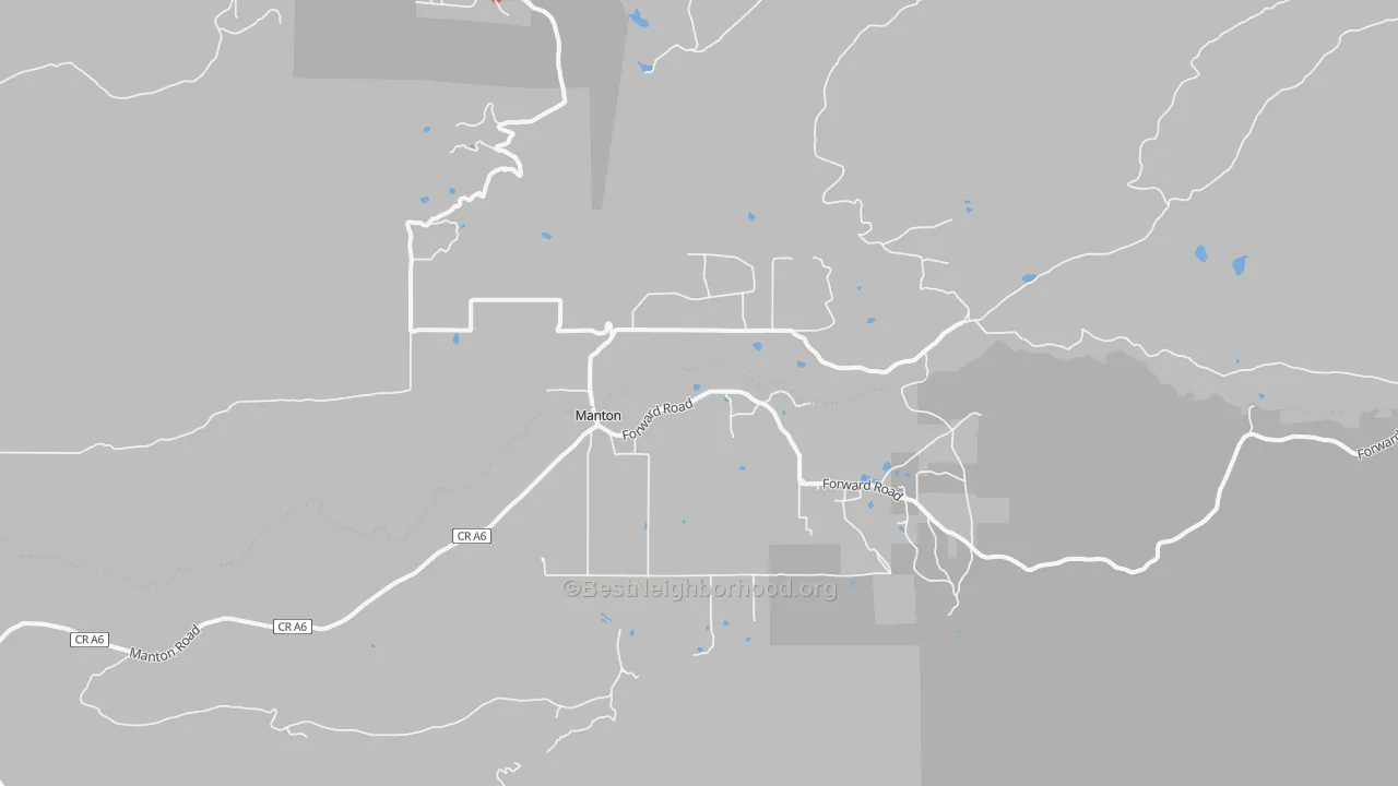 Walk Grade map of Manton, CA, walkable areas in green and car-dependent areas in red