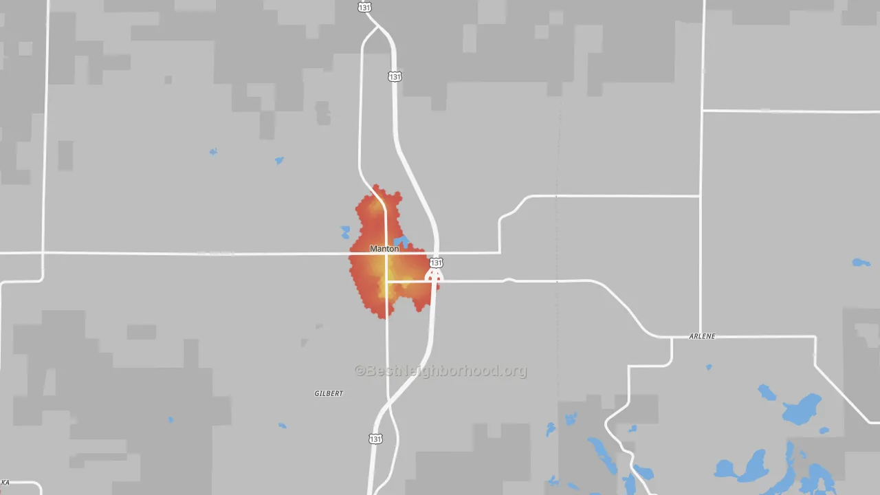 Walk Grade map of Manton, MI, walkable areas in green and car-dependent areas in red