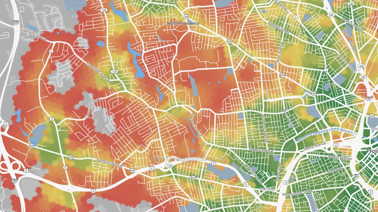 Walk Grade map of Manton, Providence, RI, walkable areas in green and car-dependent areas in red