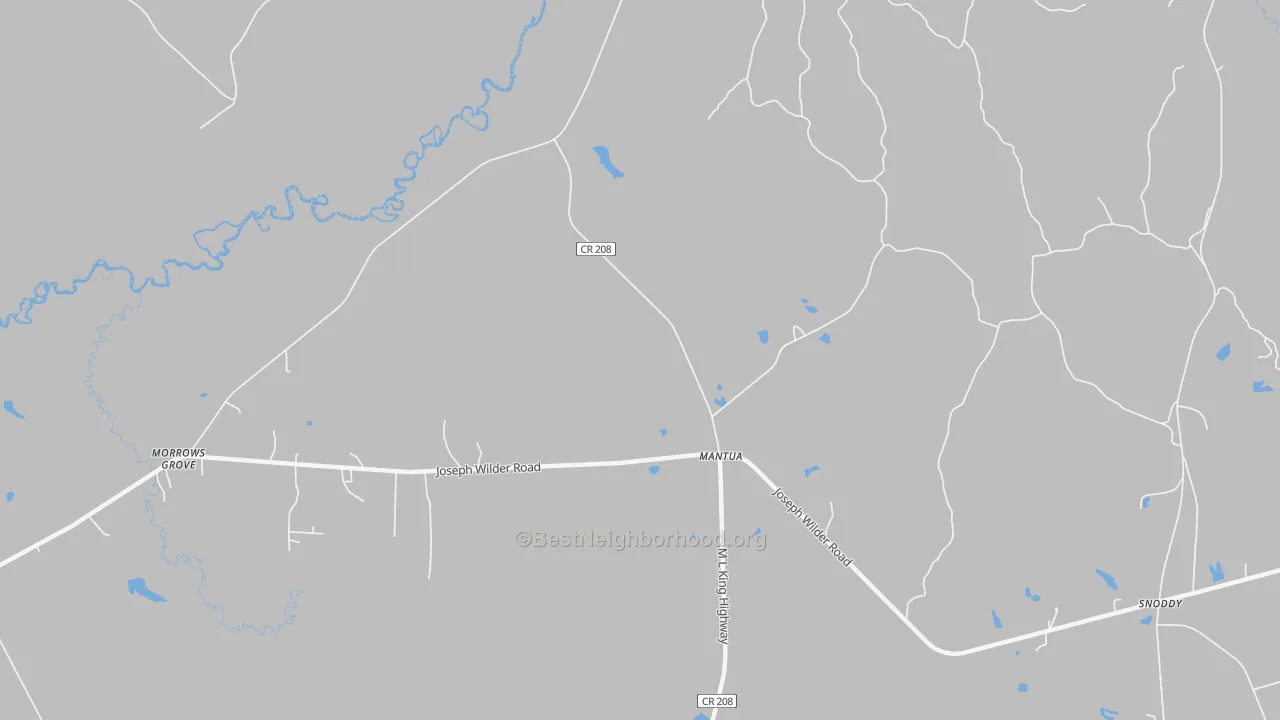 Walk Grade map of Mantua, AL, walkable areas in green and car-dependent areas in red