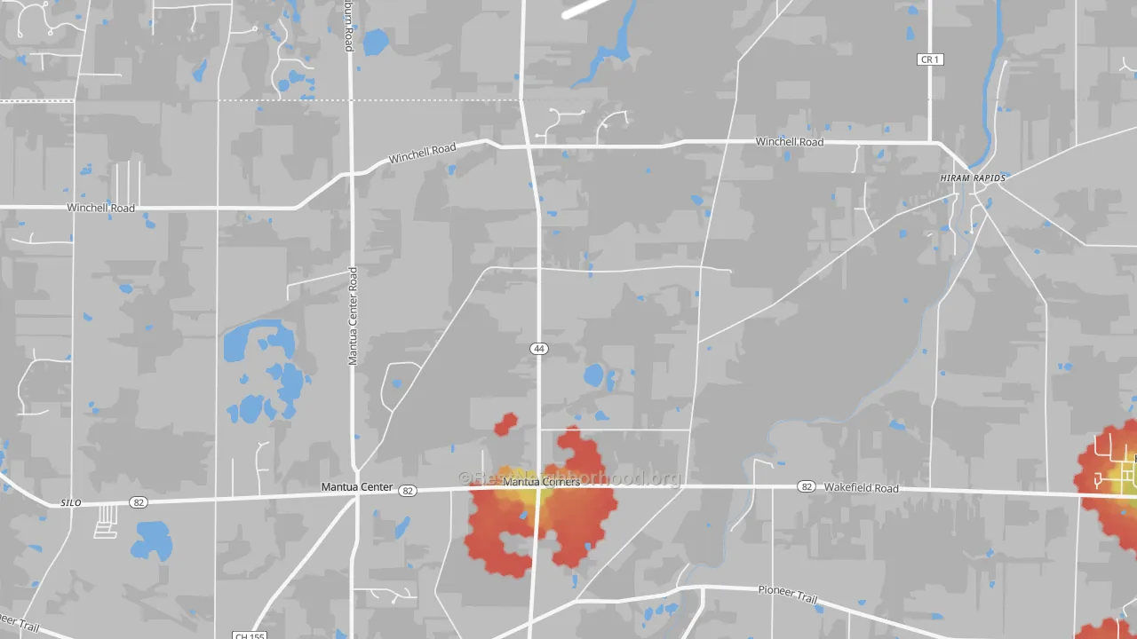 Walk Grade map of Mantua Corners, OH, walkable areas in green and car-dependent areas in red