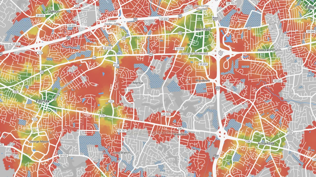 Walk Grade map of Mantua, Fairfax, VA, walkable areas in green and car-dependent areas in red