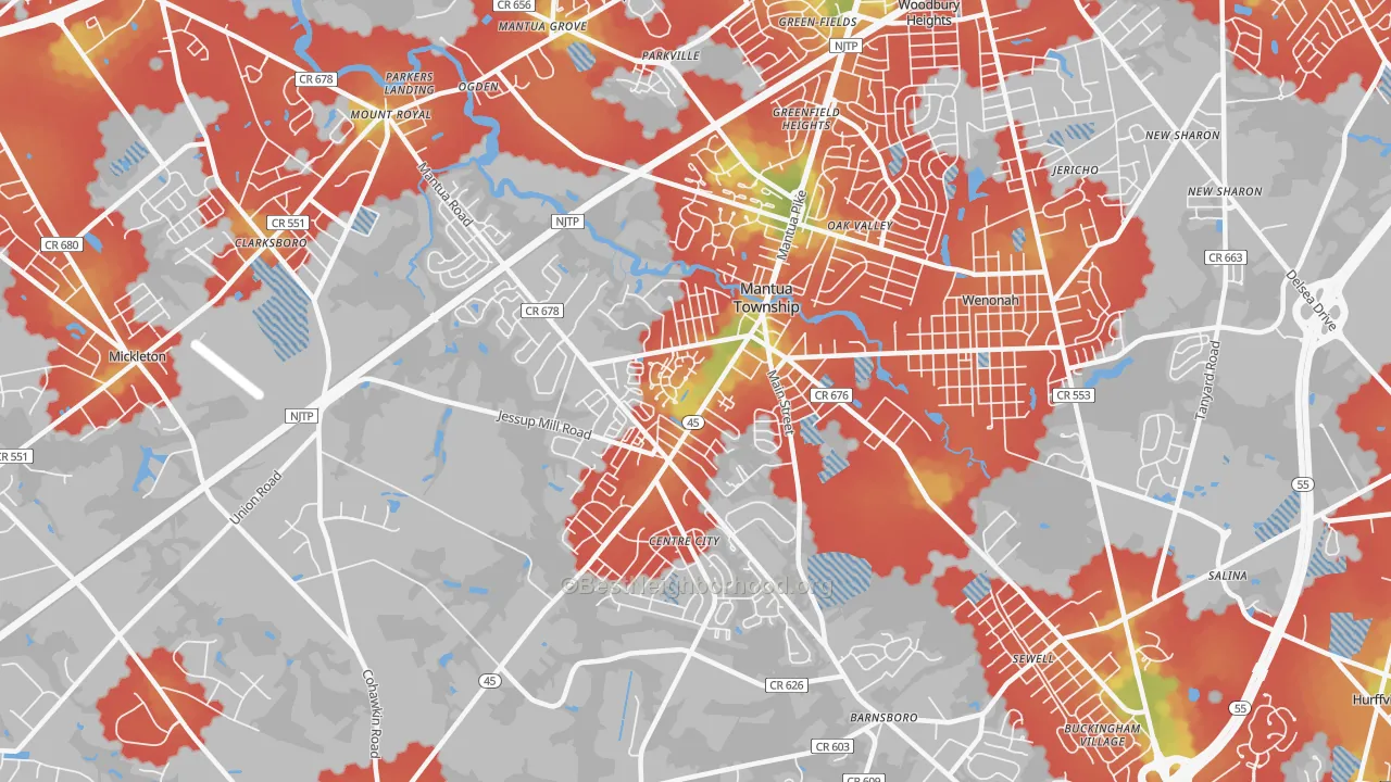 Walk Grade map of Mantua, NJ, walkable areas in green and car-dependent areas in red