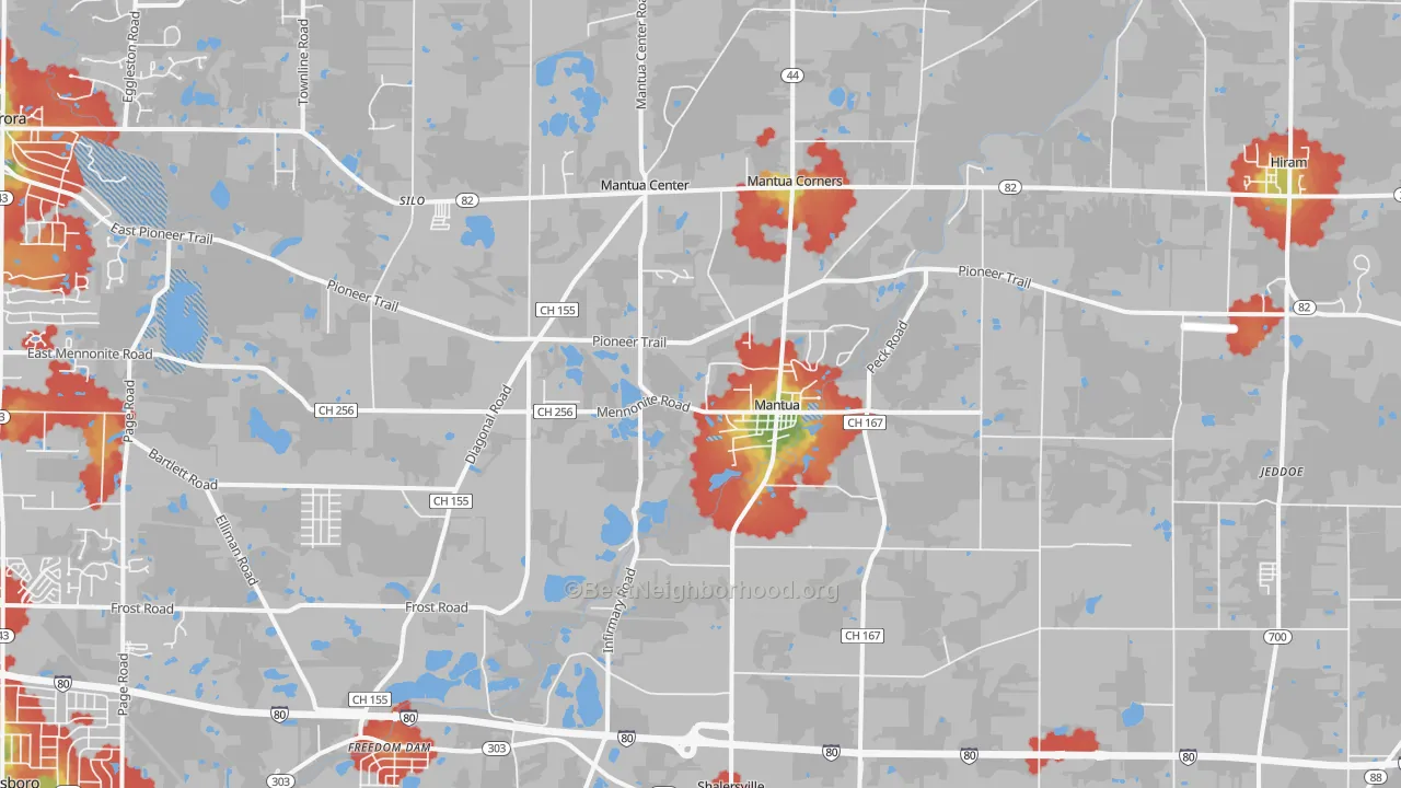 Walk Grade map of Mantua, OH, walkable areas in green and car-dependent areas in red